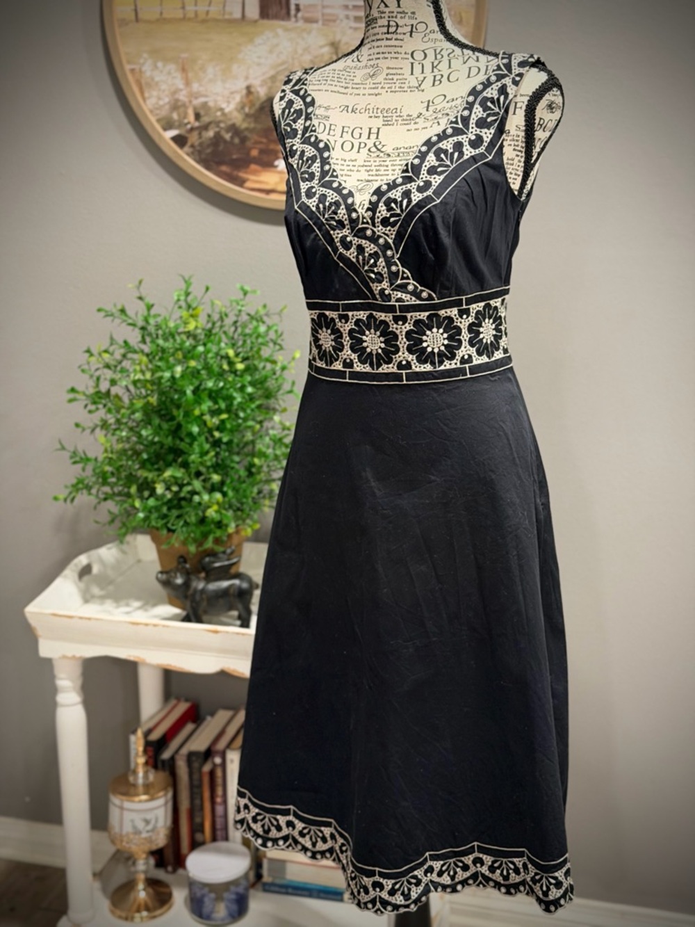 Ann Taylor Black Midi Dress with Cream Embroidered Trim